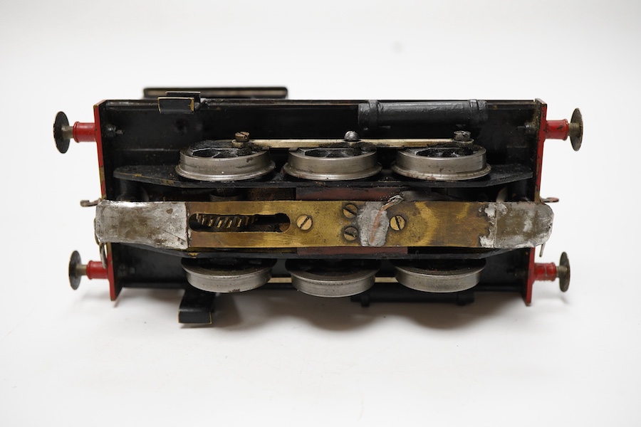 An 0 gauge railway tinplate Bonds 0-6-0 diesel Hunslet shunter, 4, for 3-rail running, with alterations to the motor and a new centre shoe adaptation